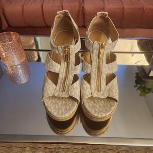 Michael Kors Gold And Beige Wedge Sandals
